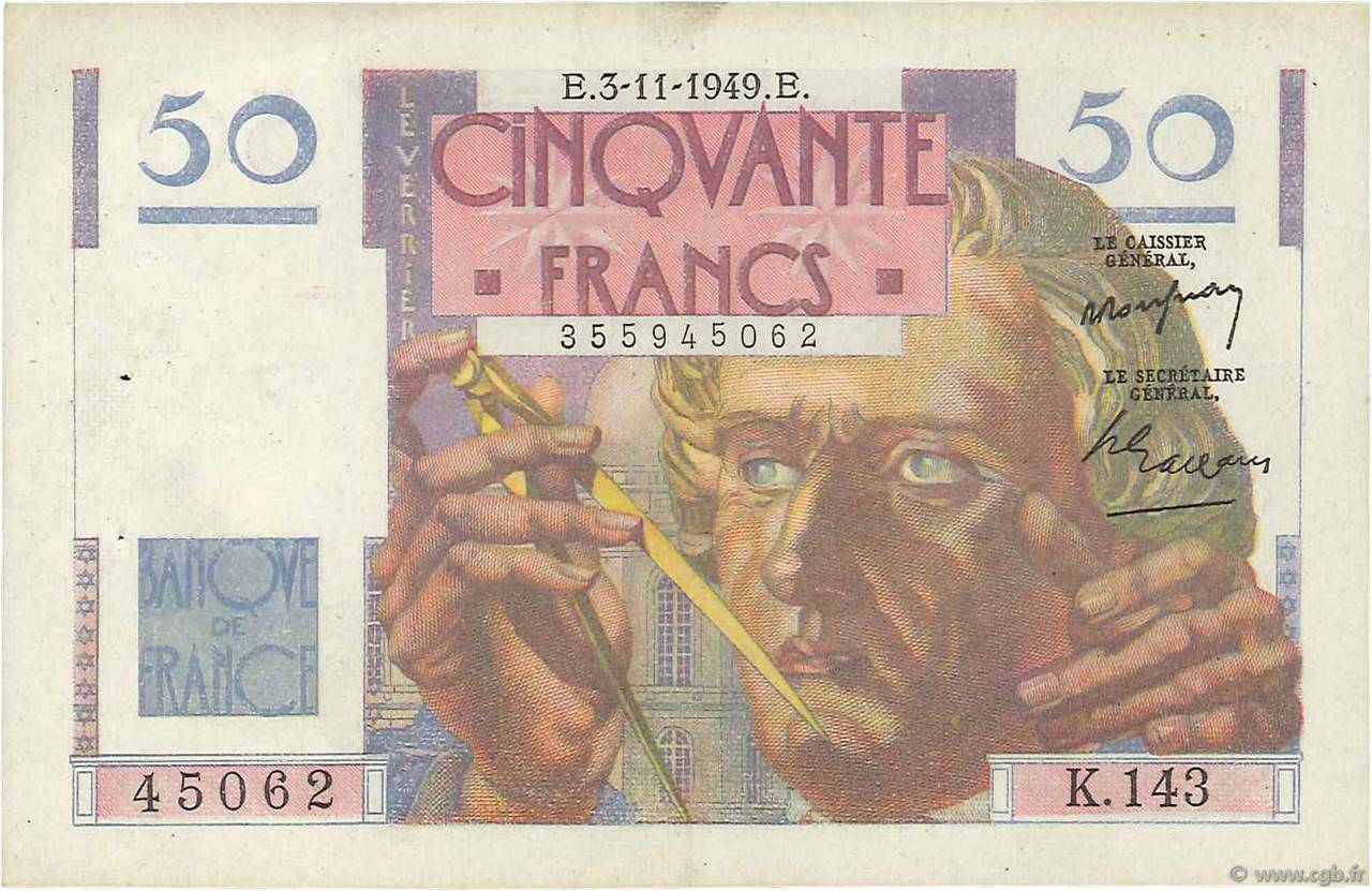 50 Francs LE VERRIER FRANCE  1949 F.20.13 VF