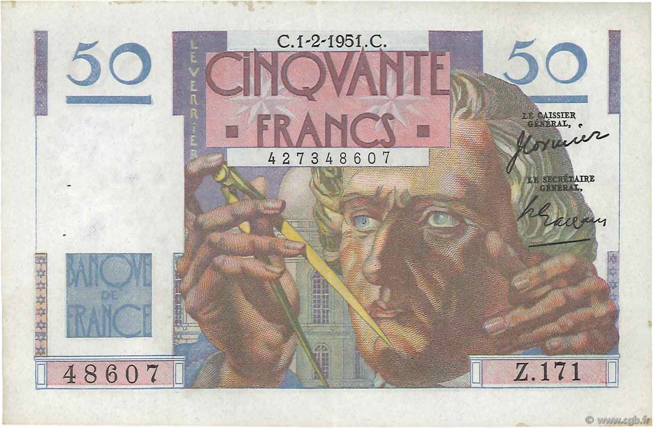 50 Francs LE VERRIER FRANKREICH  1951 F.20.17 SS to VZ