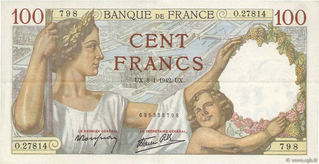 100 Francs SULLY FRANCE  1942 F.26.64 XF-