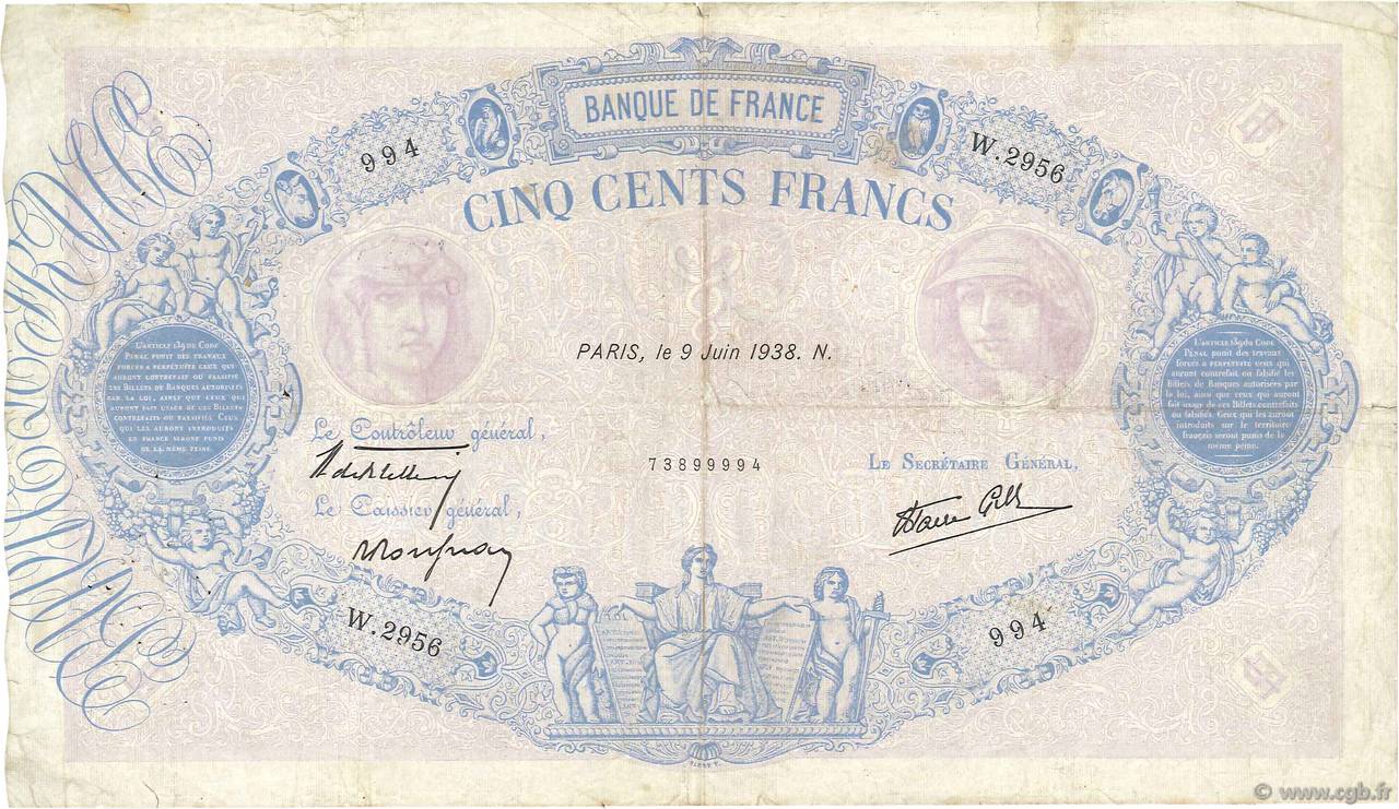500 Francs BLEU ET ROSE modifié FRANCIA  1938 F.31.14 BC