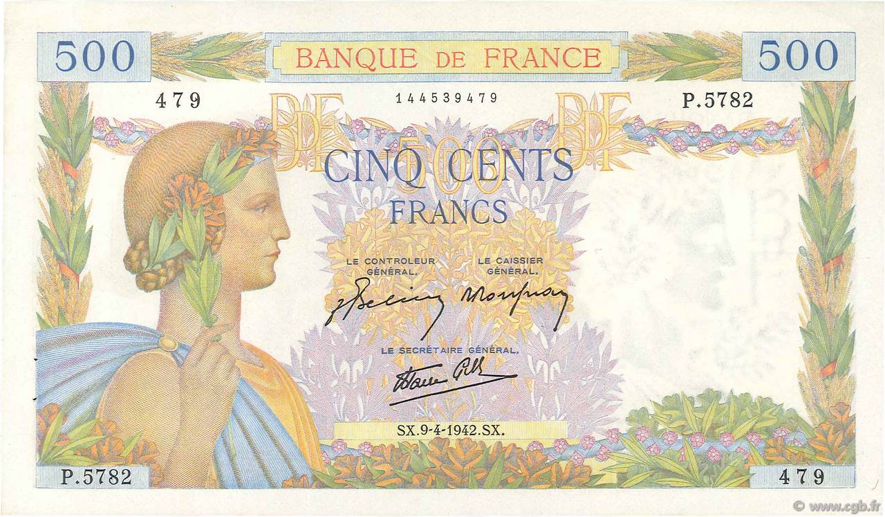 500 Francs LA PAIX FRANKREICH  1942 F.32.34 VZ