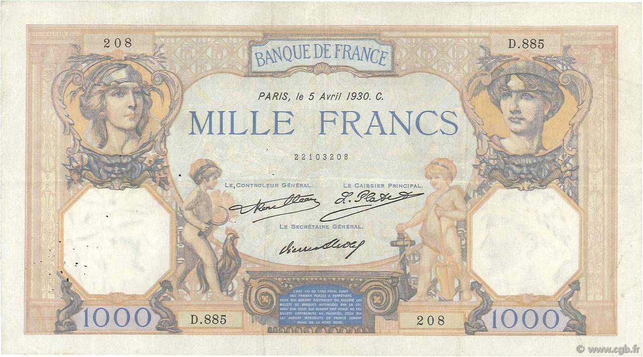 1000 Francs CÉRÈS ET MERCURE FRANCIA  1930 F.37.05 BB