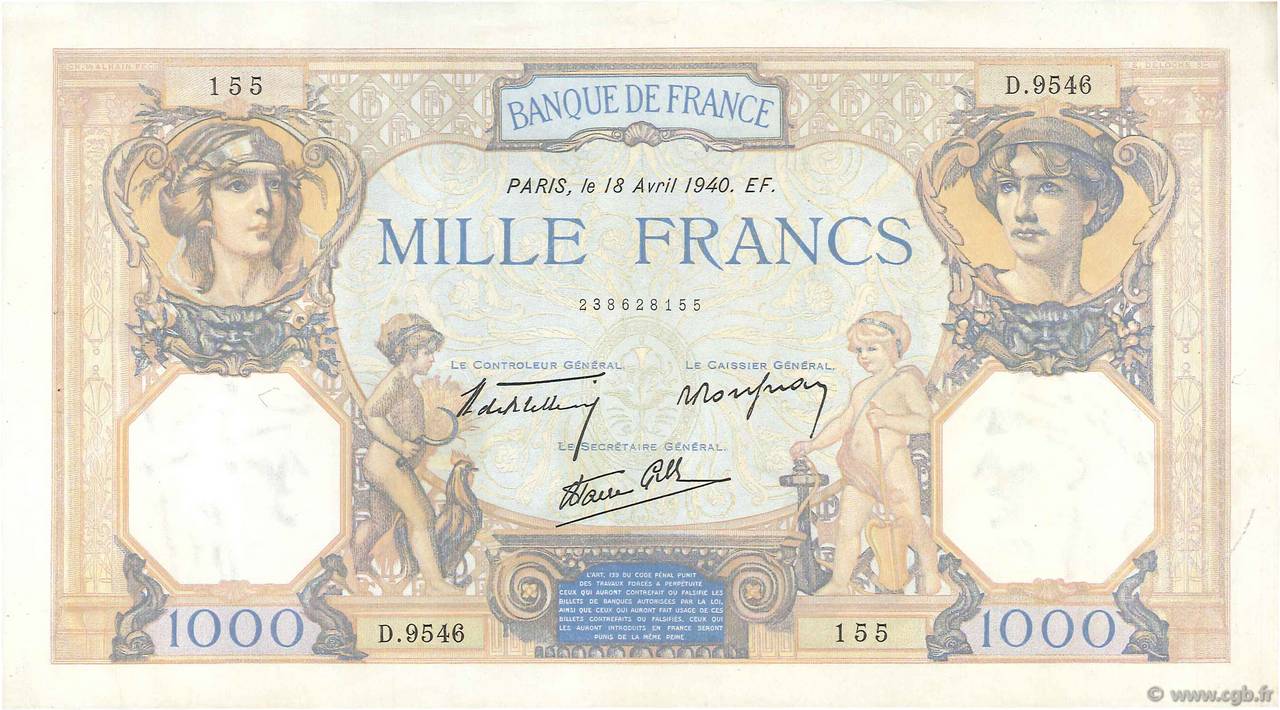 1000 Francs CÉRÈS ET MERCURE type modifié FRANCE  1940 F.38.46 XF-