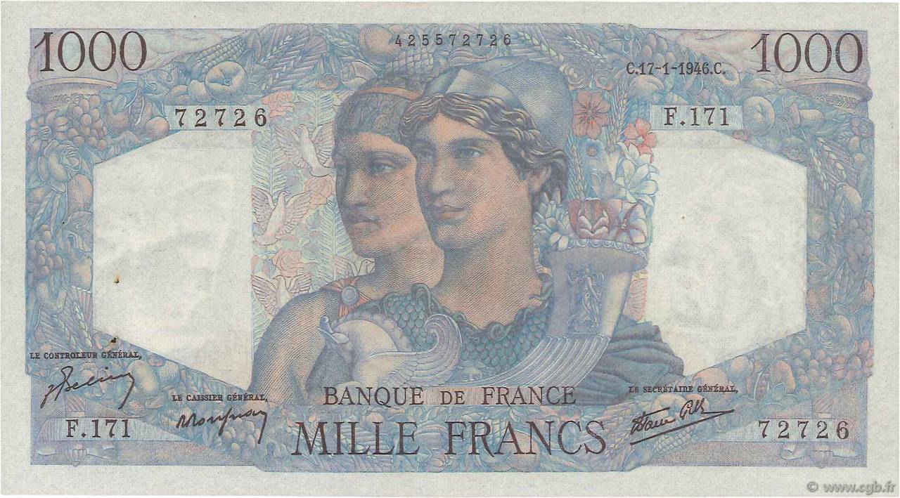 1000 Francs MINERVE ET HERCULE FRANCE  1946 F.41.10 XF-
