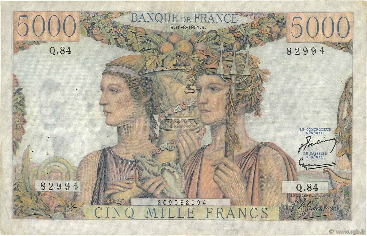 5000 Francs TERRE ET MER FRANKREICH  1951 F.48.05 S to SS