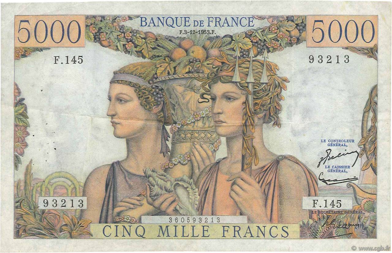 5000 Francs TERRE ET MER FRANKREICH  1953 F.48.10 SS