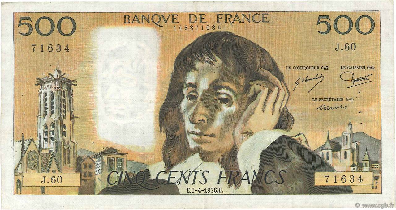 500 Francs PASCAL FRANCIA  1976 F.71.14 q.BB