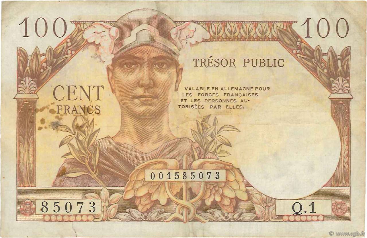 100 Francs TRÉSOR PUBLIC FRANCE  1955 VF.34.01 VF-