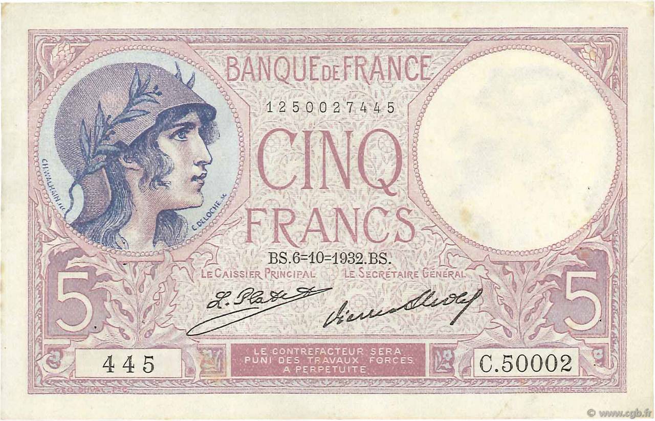 5 Francs FEMME CASQUÉE FRANCE  1932 F.03.16 VF