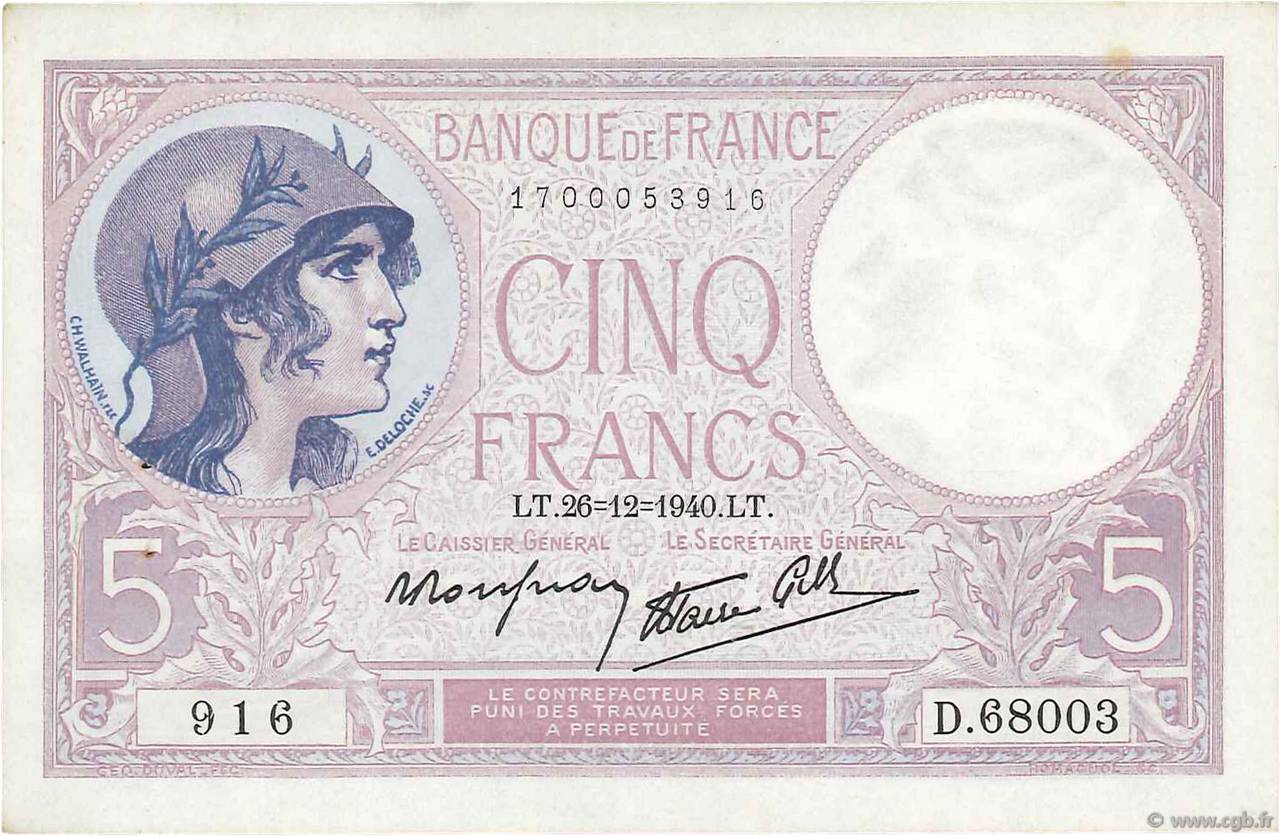 5 Francs FEMME CASQUÉE modifié FRANCE  1940 F.04.18 AU-