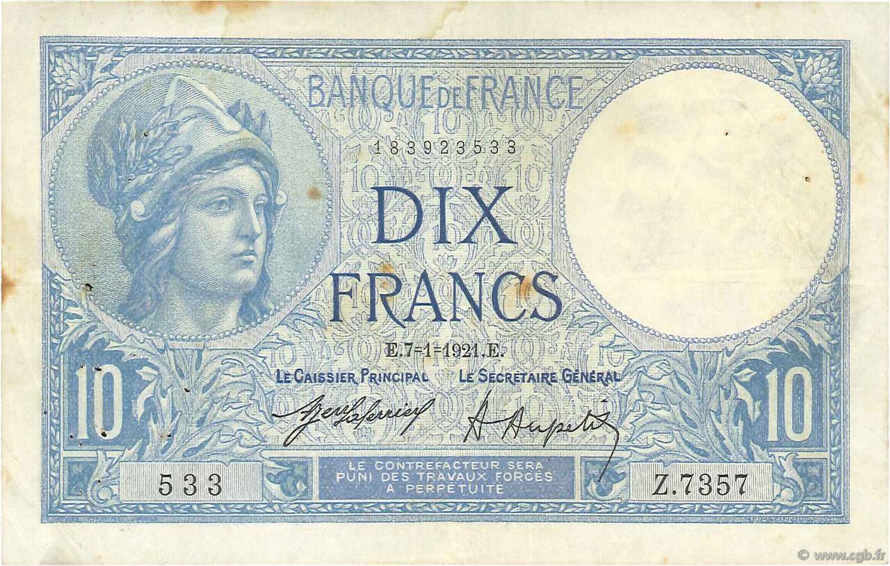 10 Francs MINERVE FRANCE  1921 F.06.05 VF-