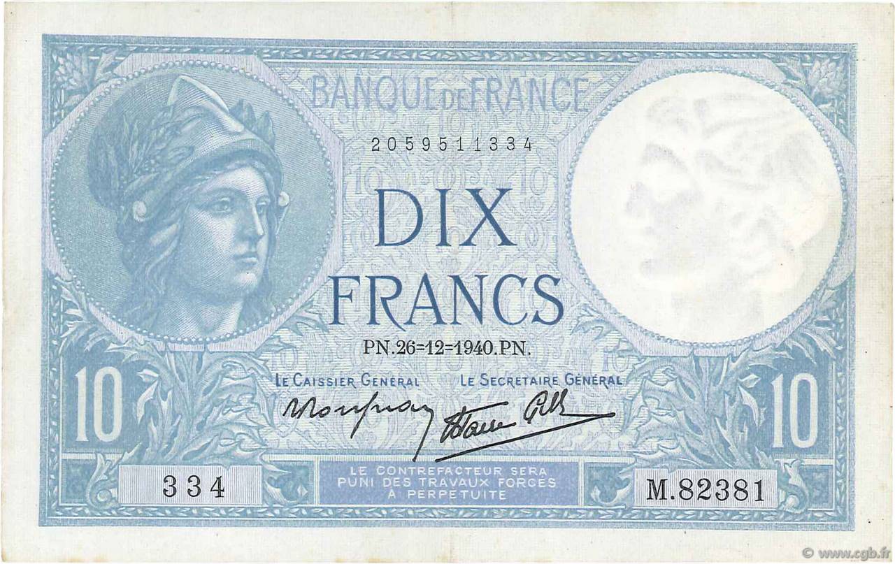 10 Francs MINERVE modifié FRANCIA  1940 F.07.25 SPL