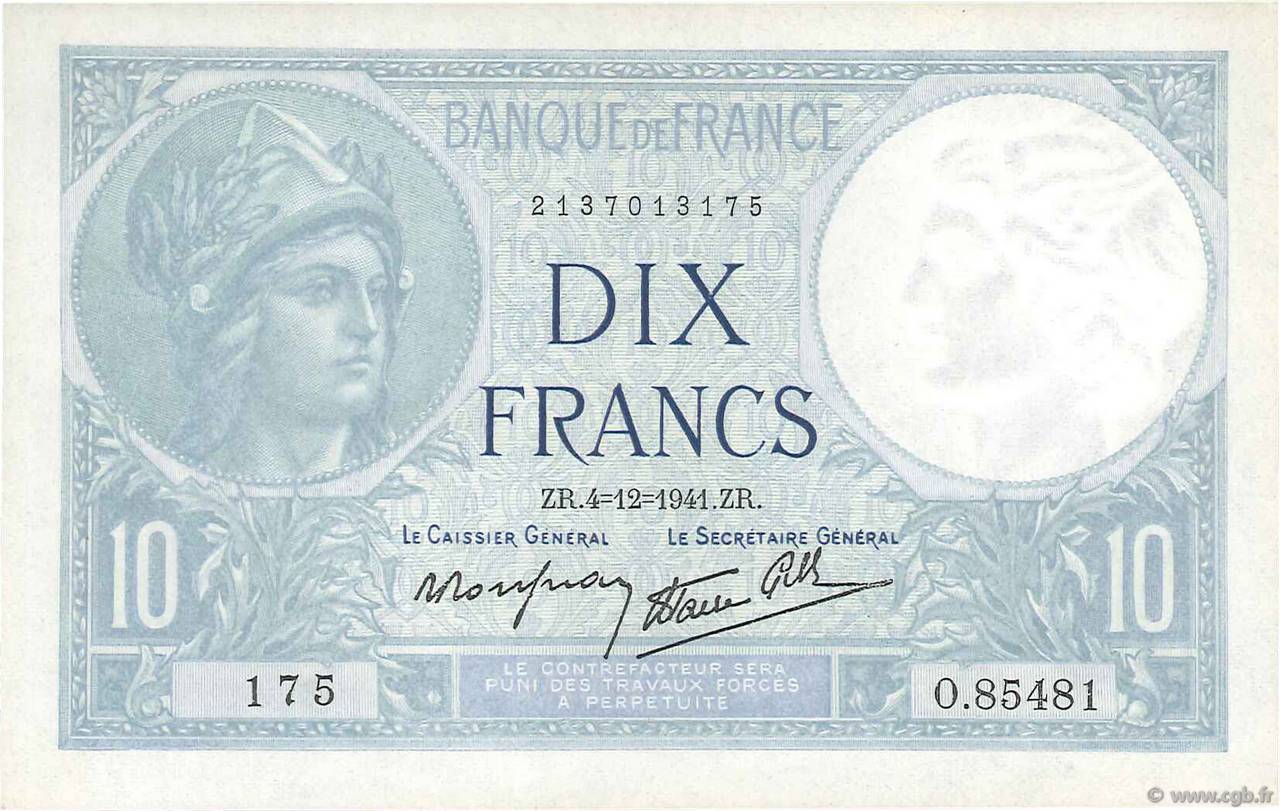 10 Francs MINERVE modifié FRANCE  1941 F.07.30 UNC