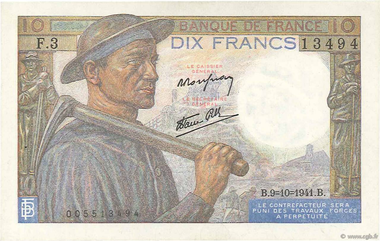 10 Francs MINEUR FRANCE  1941 F.08.02 XF