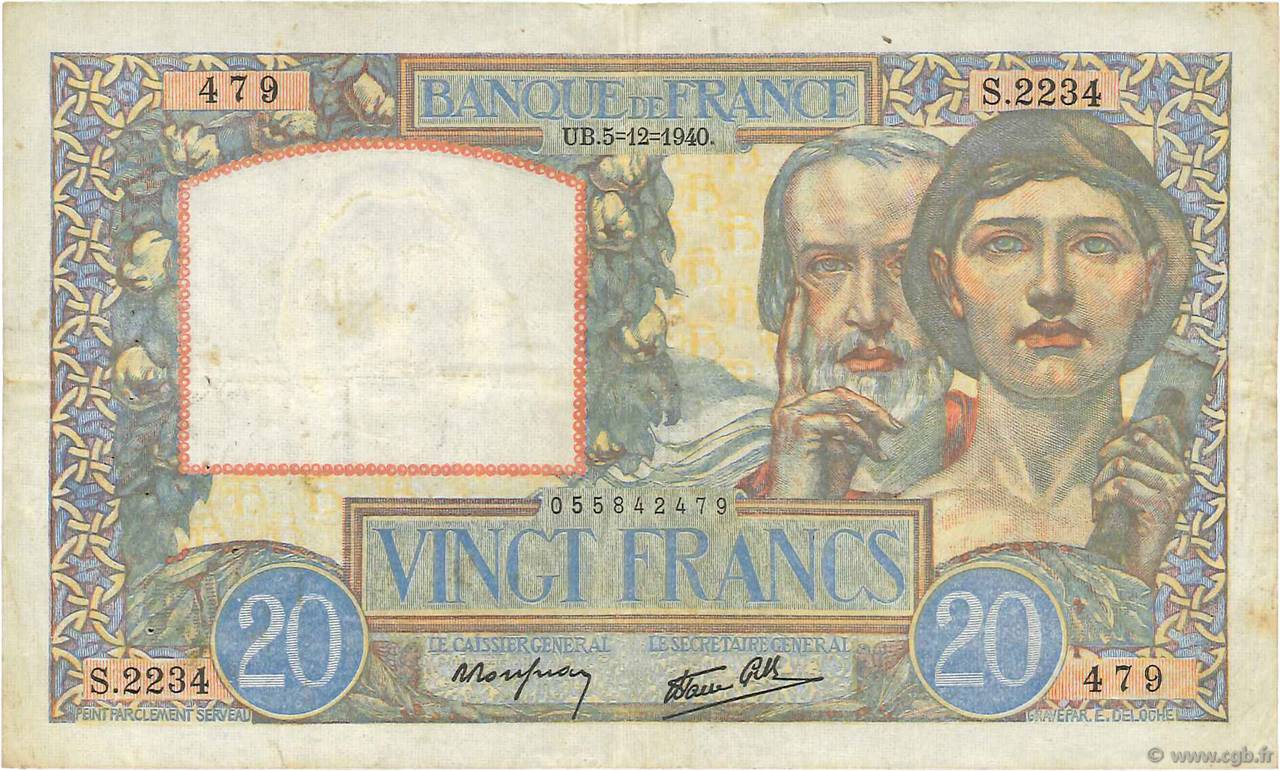 20 Francs TRAVAIL ET SCIENCE FRANKREICH  1940 F.12.10 SS