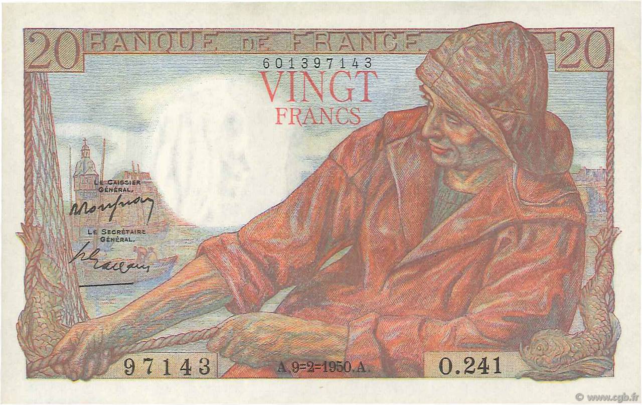 20 Francs PÊCHEUR FRANKREICH  1950 F.13.17 VZ+