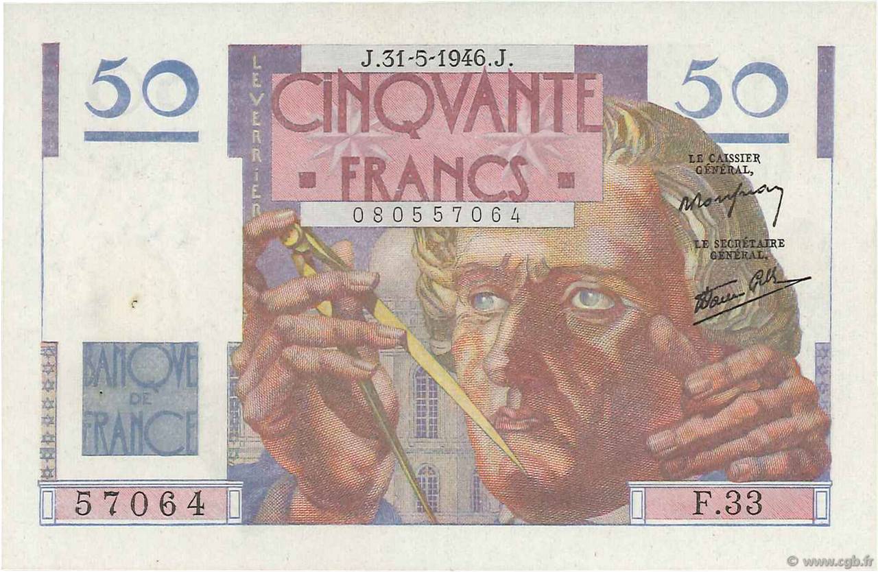 50 Francs LE VERRIER FRANCIA  1946 F.20.05 q.AU