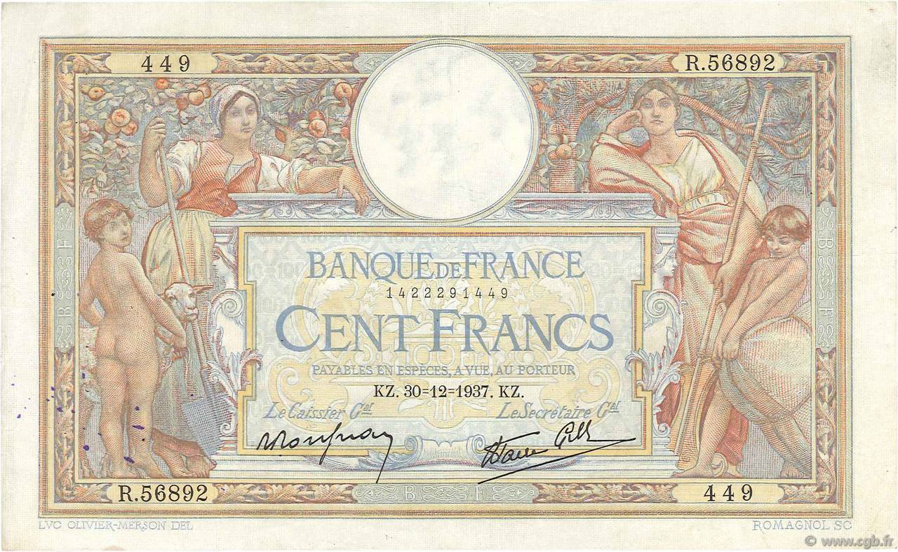 100 Francs LUC OLIVIER MERSON type modifié FRANCIA  1937 F.25.07 q.BB