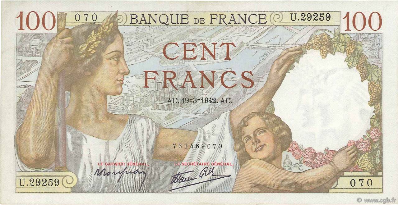 100 Francs SULLY FRANCE  1942 F.26.68 SUP+