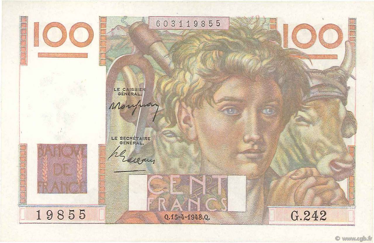 100 Francs JEUNE PAYSAN FRANCE  1948 F.28.17 XF