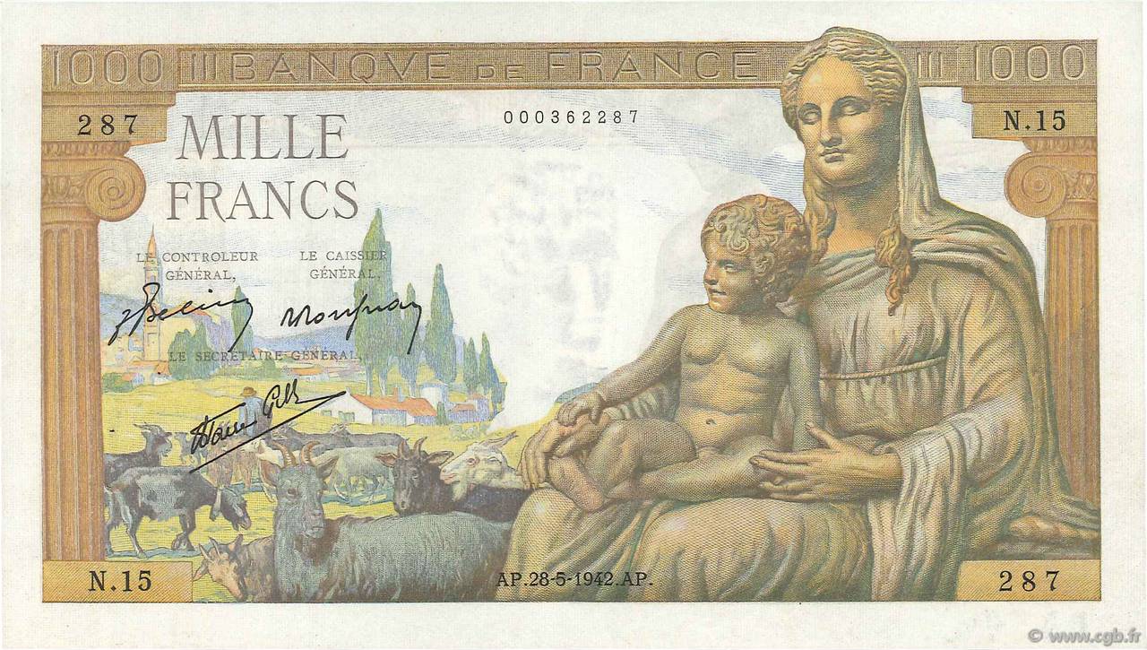 1000 Francs DÉESSE DÉMÉTER FRANKREICH  1942 F.40.01 VZ