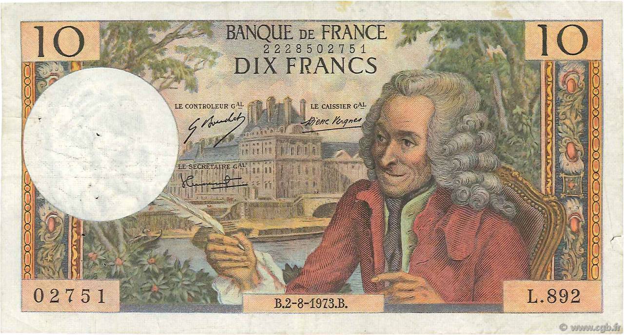 10 Francs VOLTAIRE FRANCE  1973 F.62.63 VF-