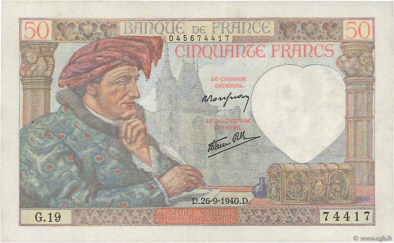 50 Francs JACQUES CŒUR FRANCE  1940 F.19.03 VF+