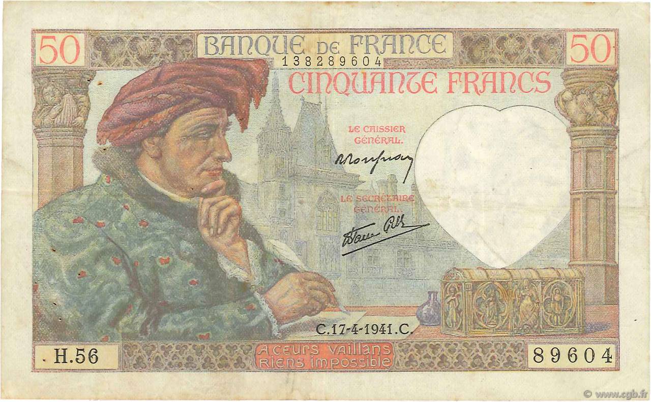 50 Francs JACQUES CŒUR FRANCIA  1941 F.19.08 BC