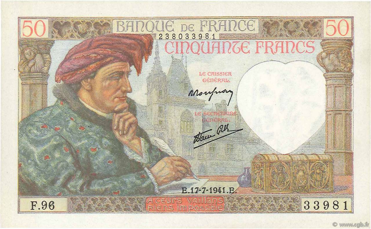 50 Francs JACQUES CŒUR FRANCE  1941 F.19.12 AU+