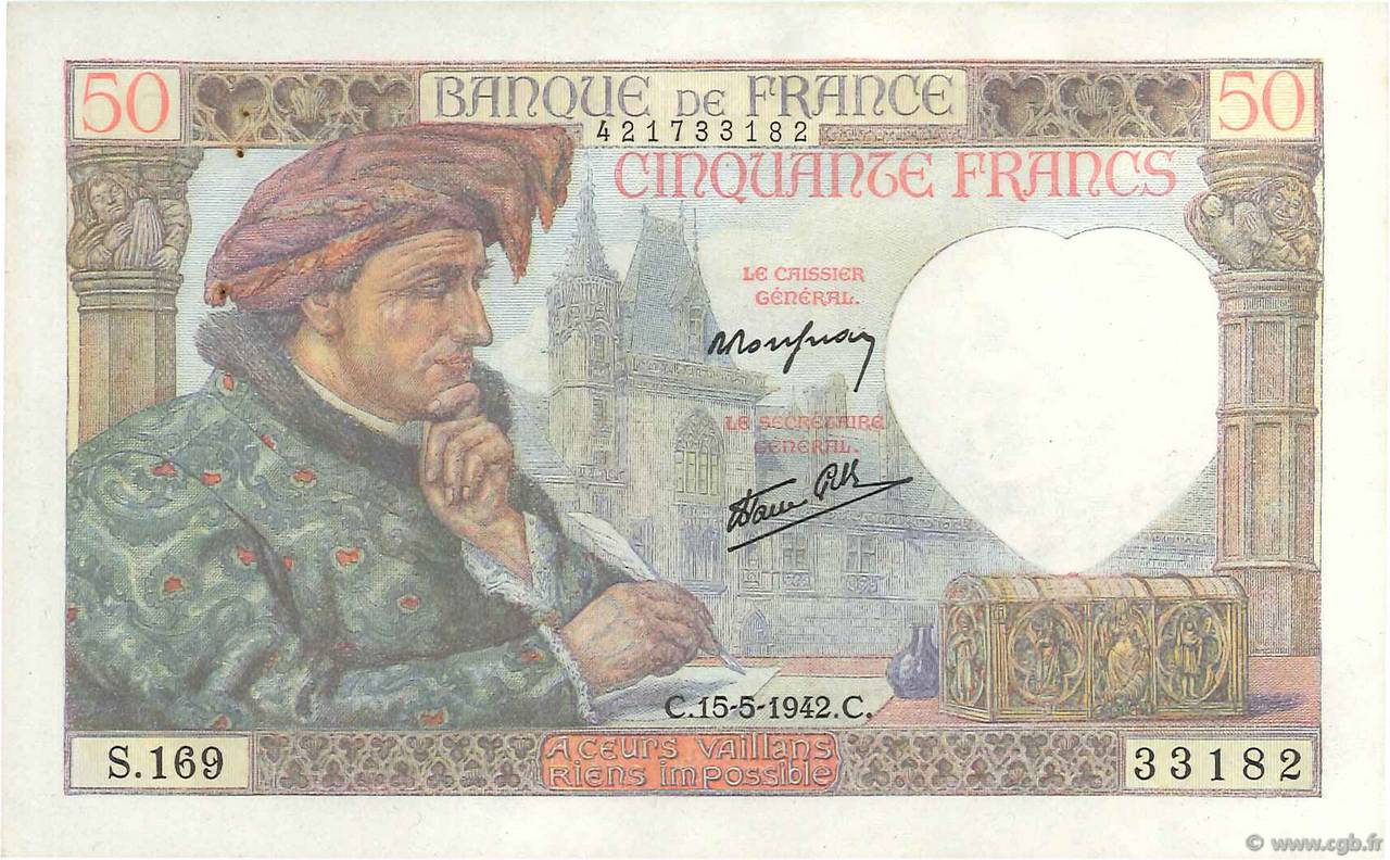 50 Francs JACQUES CŒUR FRANCE  1942 F.19.20 AU