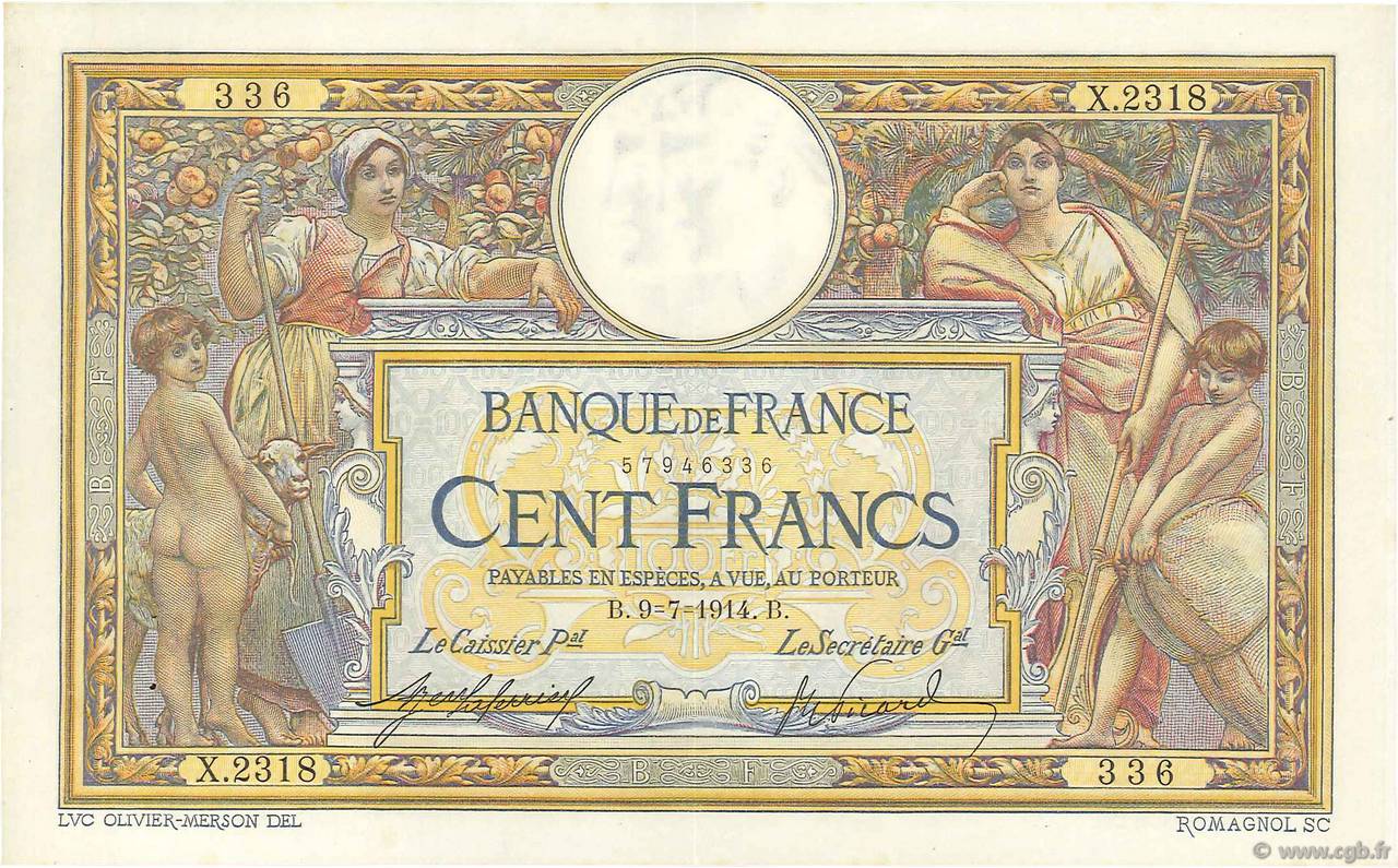 100 Francs LUC OLIVIER MERSON sans LOM FRANCE  1914 F.23.06 XF