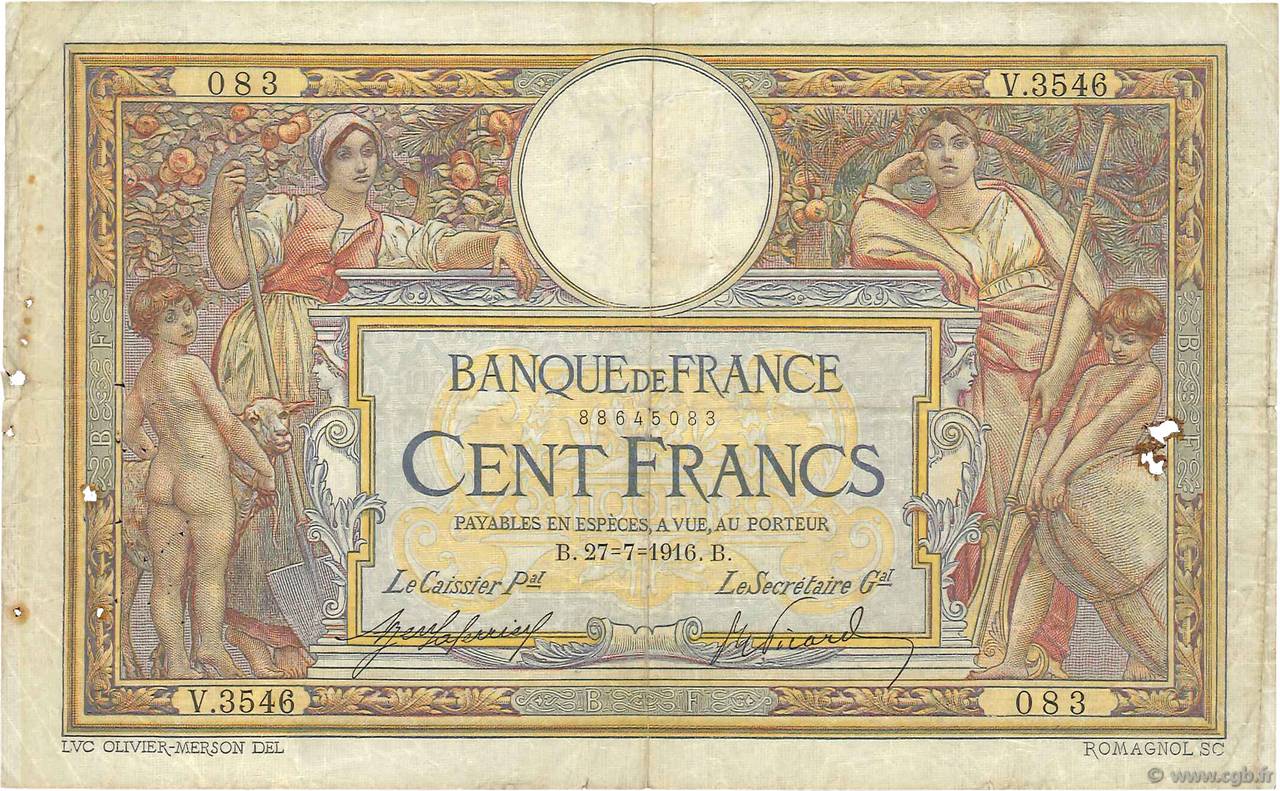 100 Francs LUC OLIVIER MERSON sans LOM FRANCIA  1916 F.23.08 RC