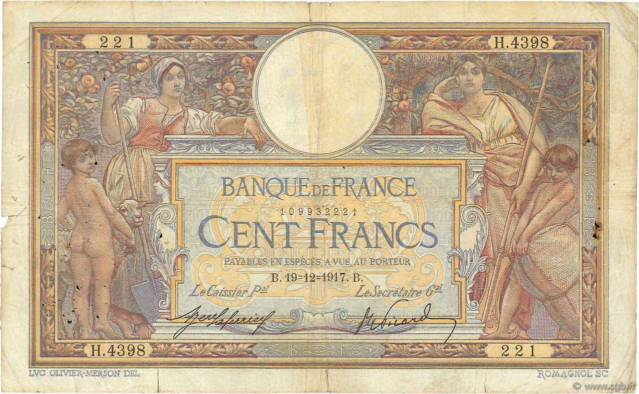 100 Francs LUC OLIVIER MERSON sans LOM FRANCIA  1917 F.23.09a B