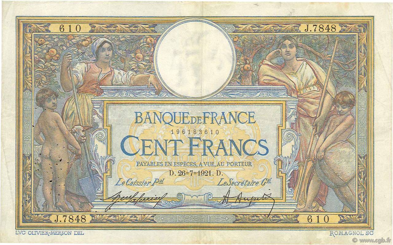 100 Francs LUC OLIVIER MERSON sans LOM FRANCIA  1921 F.23.14 MBC