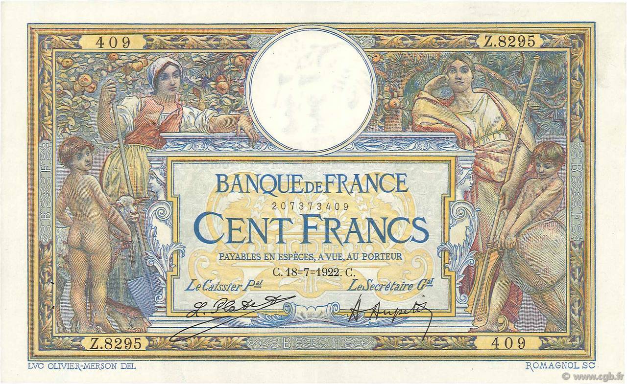 100 Francs LUC OLIVIER MERSON sans LOM FRANCIA  1922 F.23.15 q.SPL
