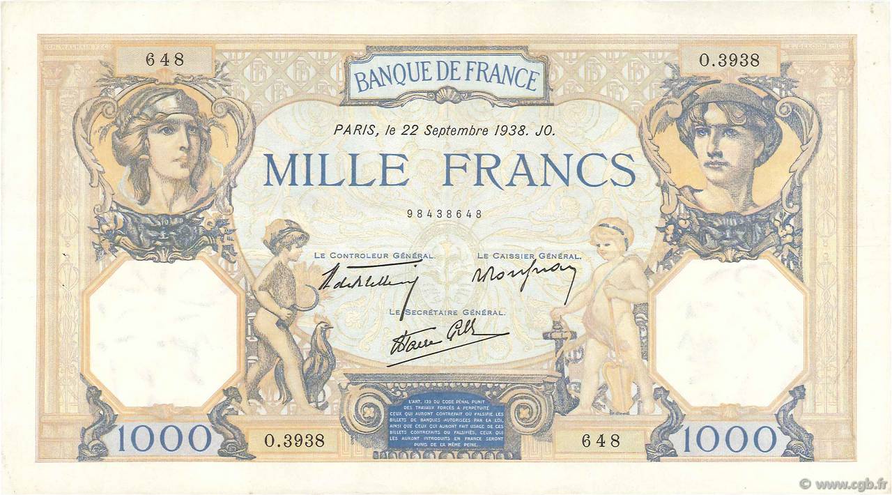 1000 Francs CÉRÈS ET MERCURE type modifié FRANKREICH  1938 F.38.27 SS