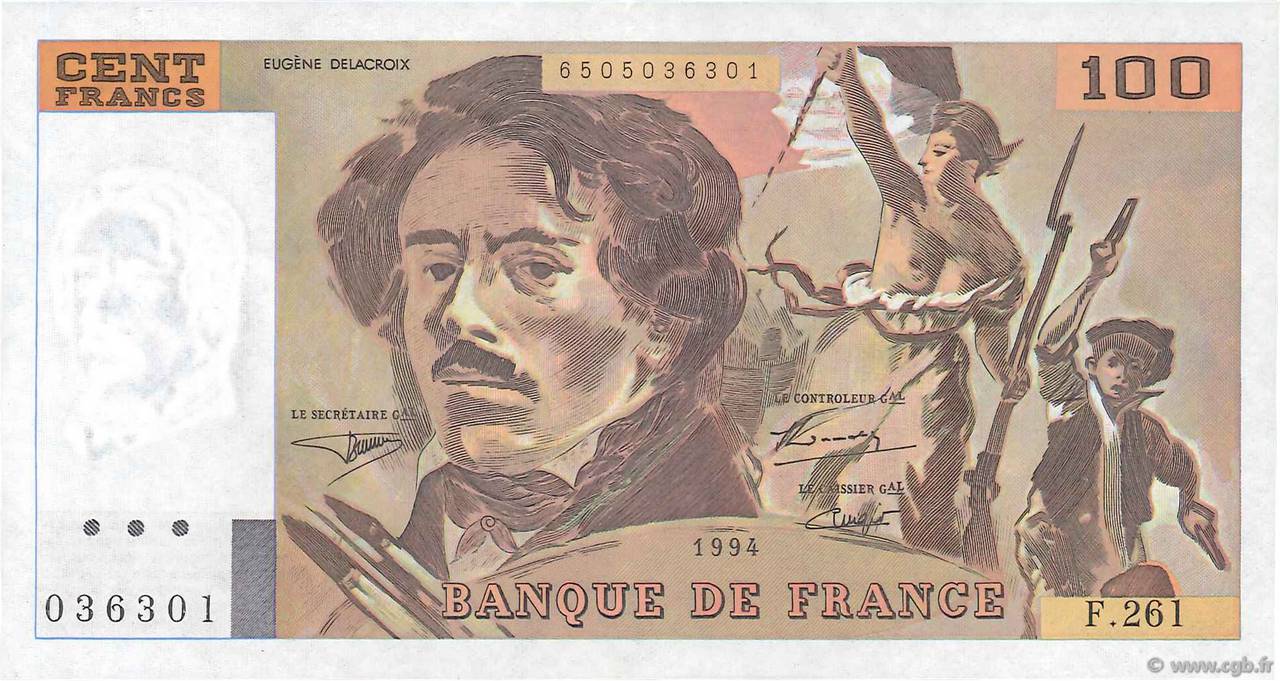 100 Francs DELACROIX 442-1 & 442-2 FRANKREICH  1994 F.69ter.01b VZ+