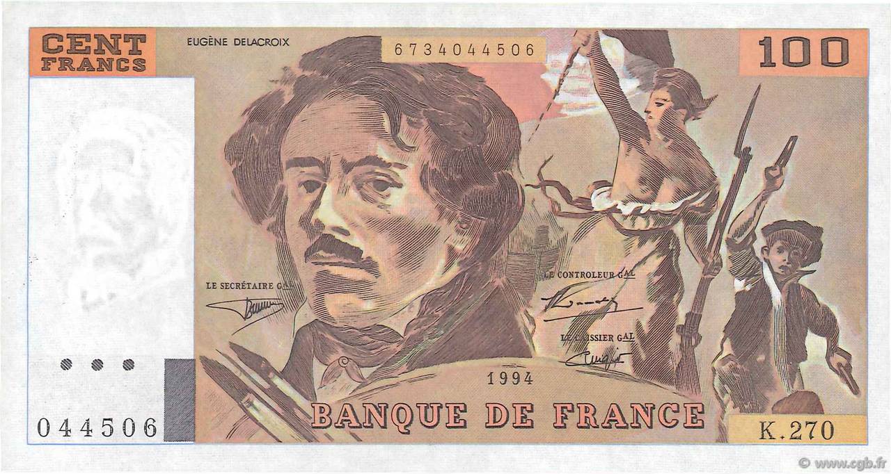 100 Francs DELACROIX 442-1 & 442-2 FRANCE  1994 F.69ter.01b XF-