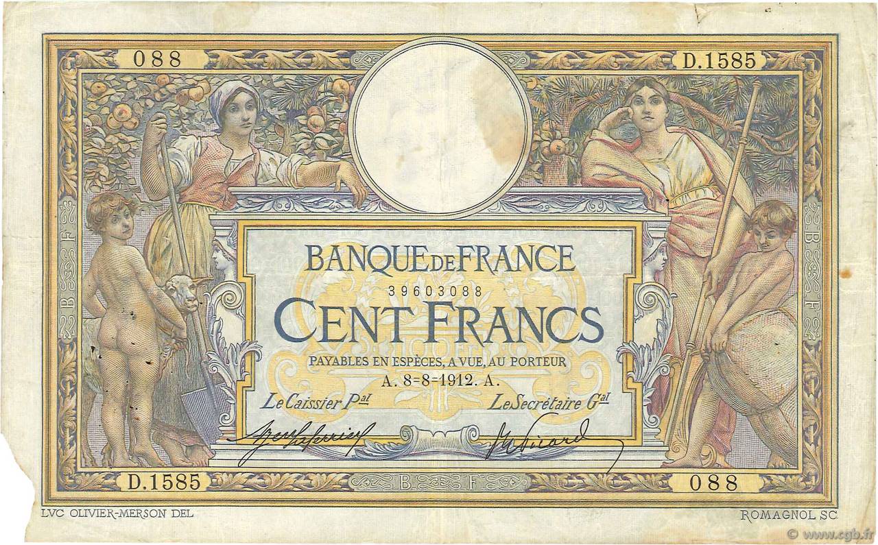 100 Francs LUC OLIVIER MERSON sans LOM FRANCE  1912 F.23.04 F