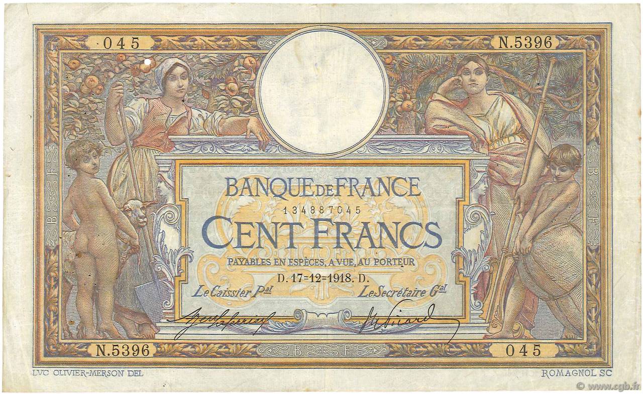 100 Francs LUC OLIVIER MERSON sans LOM FRANCE  1918 F.23.10 F+