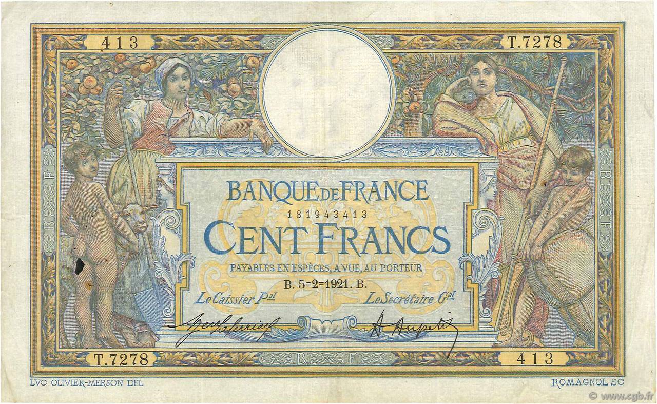100 Francs LUC OLIVIER MERSON sans LOM FRANCE  1921 F.23.14 TB+
