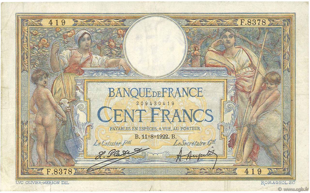 100 Francs LUC OLIVIER MERSON sans LOM FRANCIA  1922 F.23.15 BC+