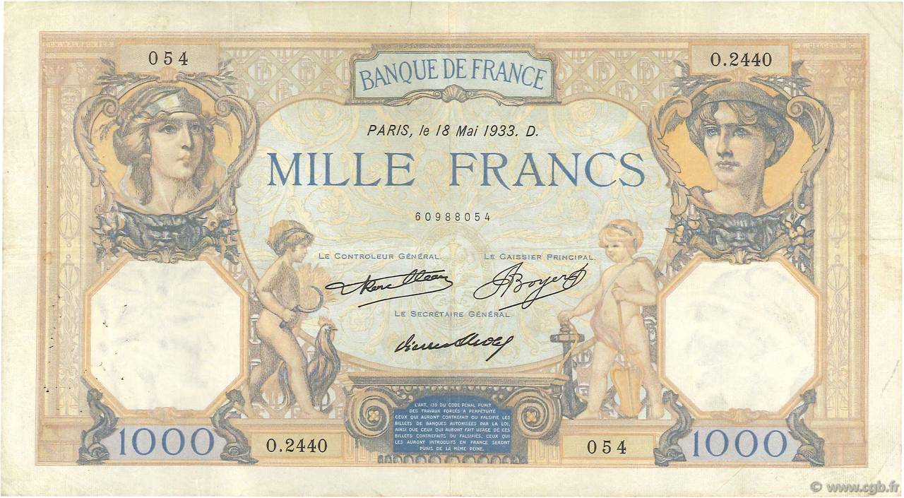 1000 Francs CÉRÈS ET MERCURE FRANCIA  1933 F.37.08 BC