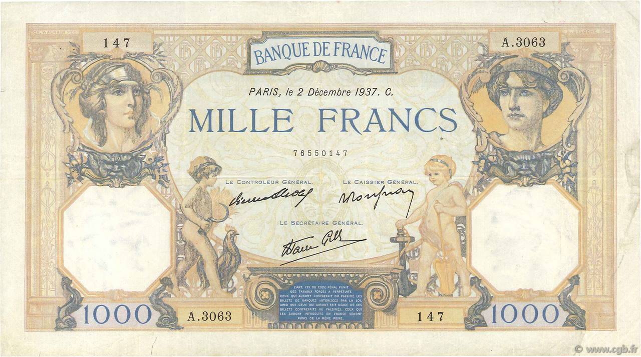 1000 Francs CÉRÈS ET MERCURE type modifié FRANCE  1937 F.38.05 pr.TTB