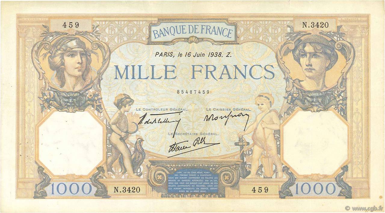 1000 Francs CÉRÈS ET MERCURE type modifié FRANCE  1938 F.38.19 pr.TTB