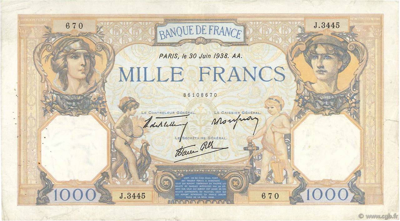 1000 Francs CÉRÈS ET MERCURE type modifié FRANCE  1938 F.38.21 VF-