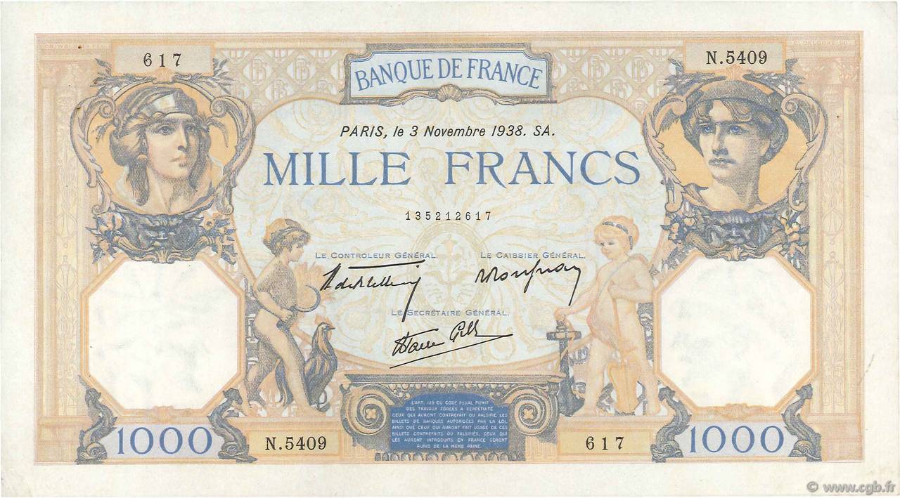 1000 Francs CÉRÈS ET MERCURE type modifié FRANCIA  1938 F.38.32 q.SPL
