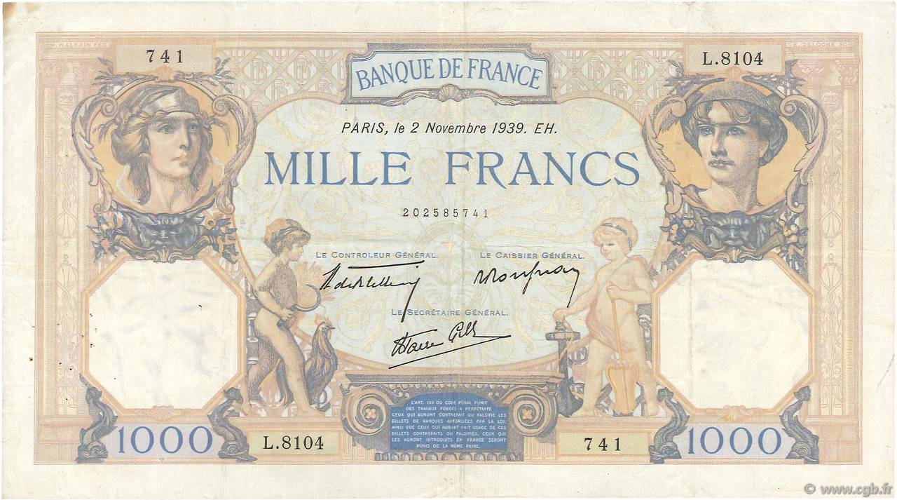 1000 Francs CÉRÈS ET MERCURE type modifié FRANKREICH  1939 F.38.38 SS