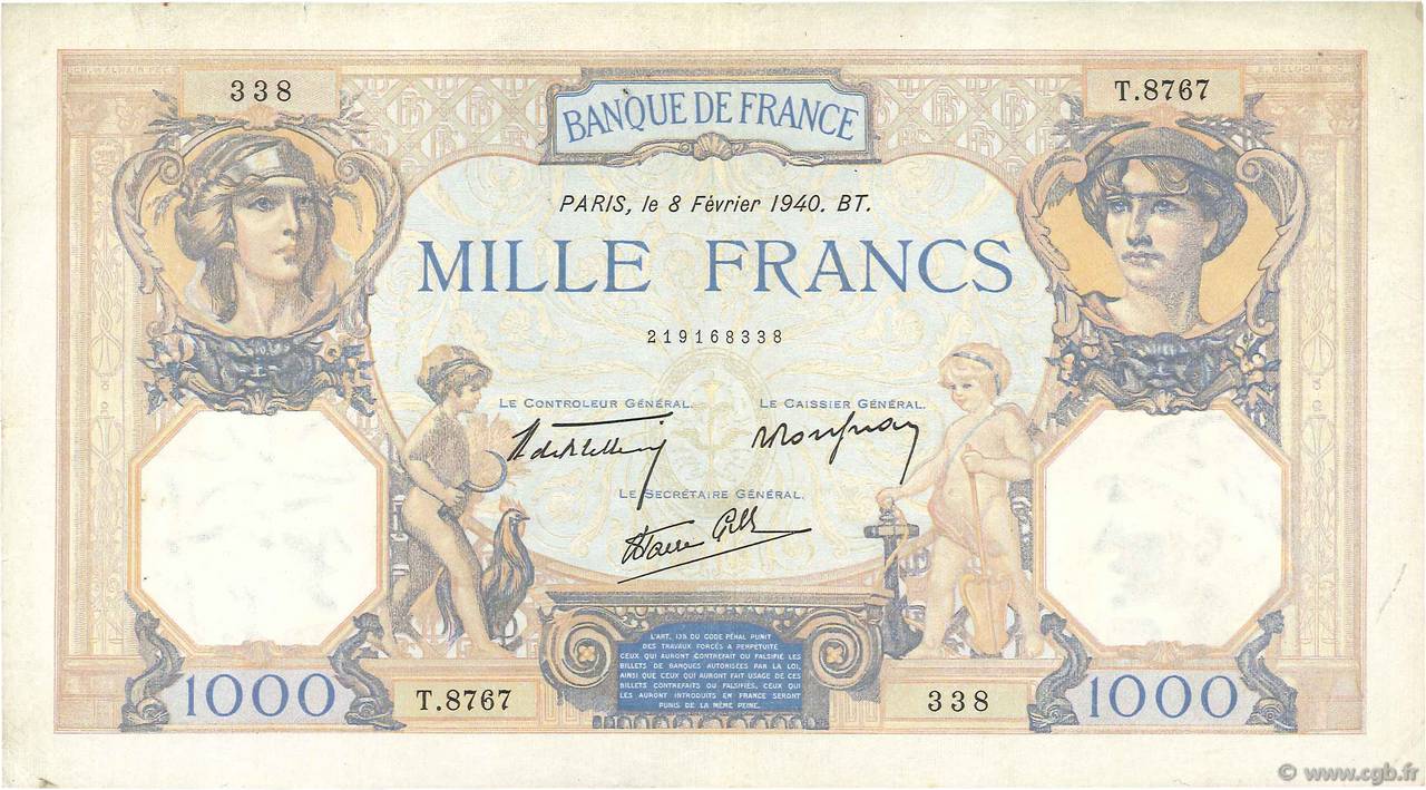 1000 Francs CÉRÈS ET MERCURE type modifié FRANCIA  1940 F.38.42 q.BB