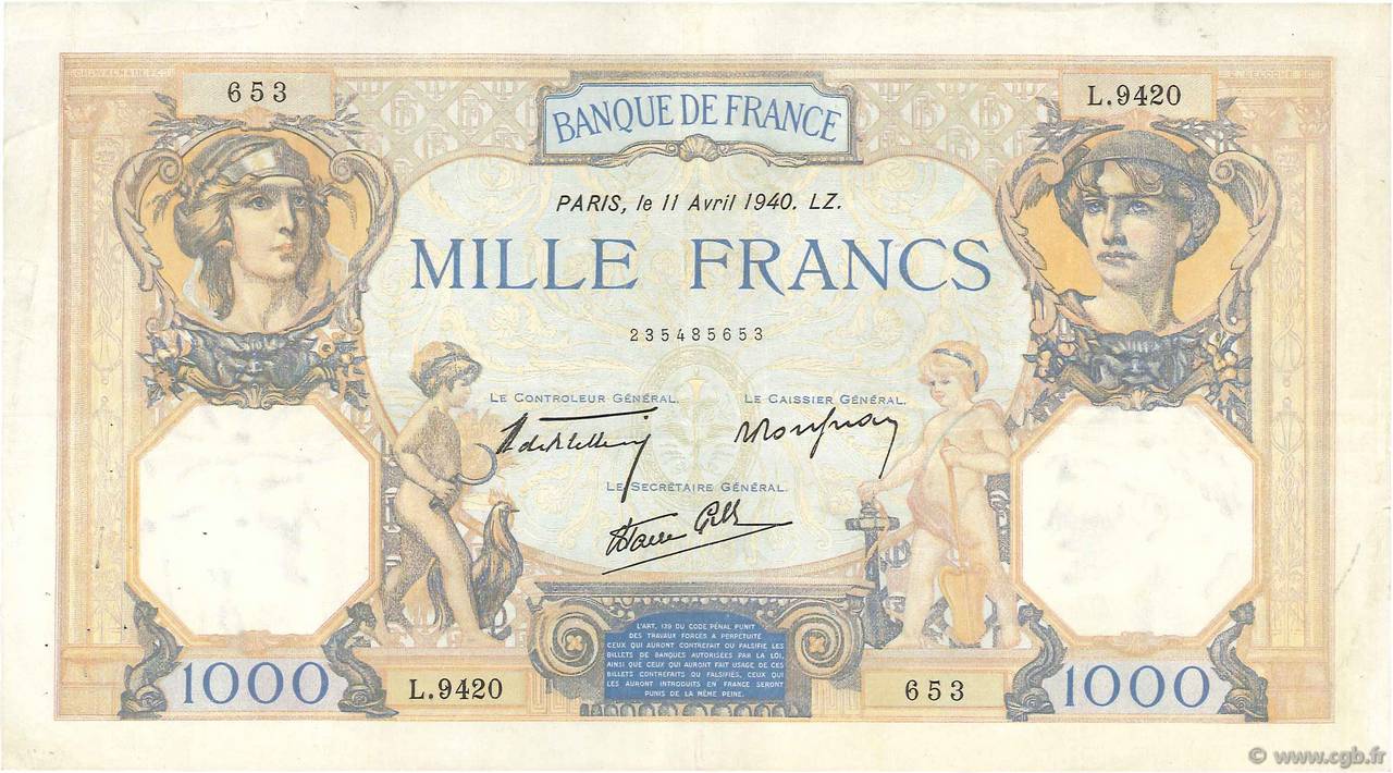 1000 Francs CÉRÈS ET MERCURE type modifié FRANCIA  1940 F.38.45 MBC